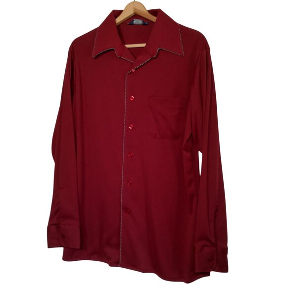 Vintage 1970s Career Club Shirt Men Large Point Collar Maroon Polyster Disco - Picture 1 of 11